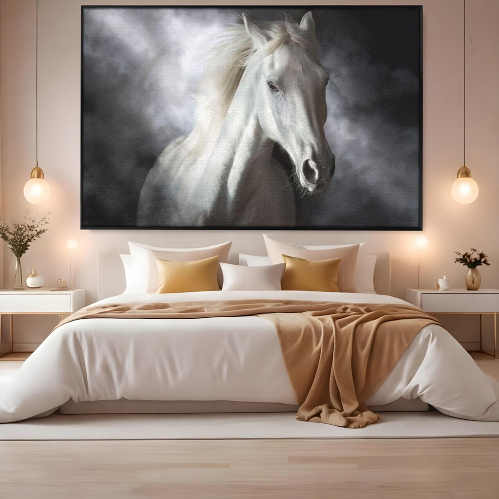 Tablou canvas cu tablou canvas cu un cal alb si nori, in rama de aluminiu negru, pe perete intr-un dormitor
